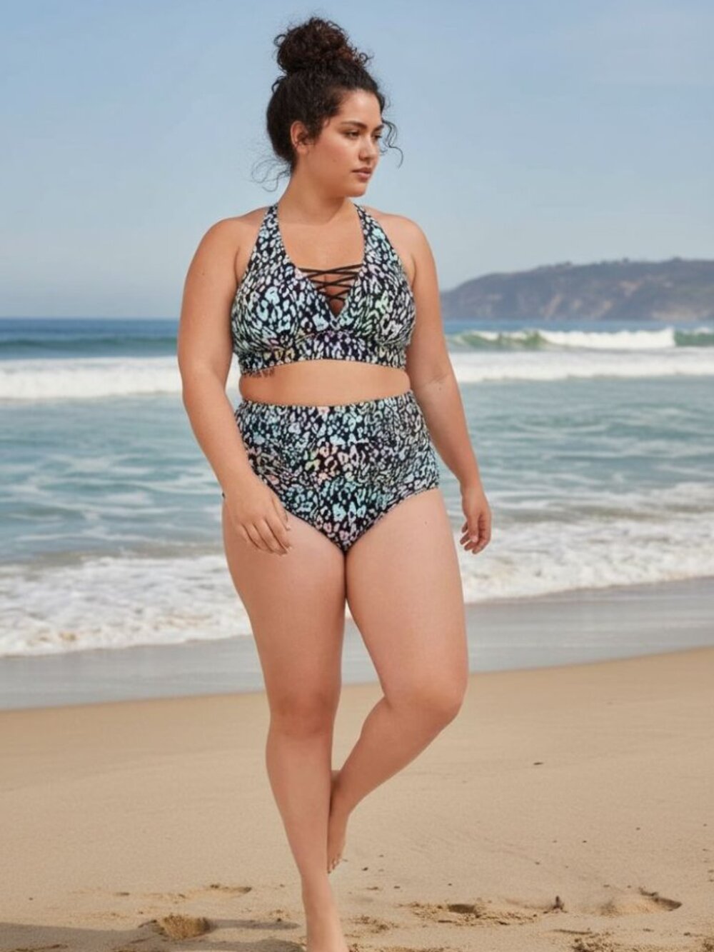 Torrid high rise RUCHED SWIM BRIEF multicolor sweeping leopard size 1X